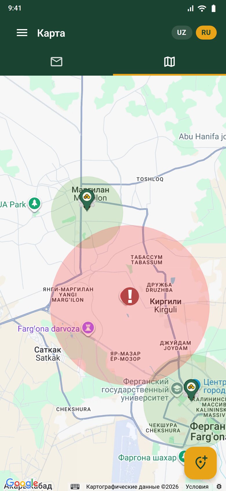 Mobile app screen: the map with apiaries and spraying zones