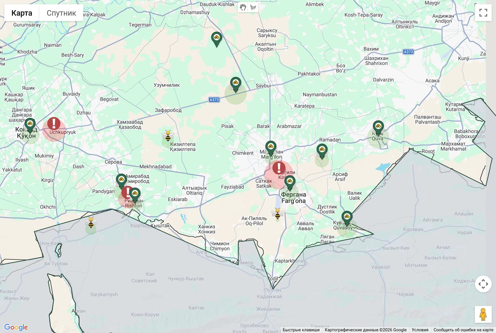 The Arizor map: apiary pins across the Fergana valley with their coverage circles